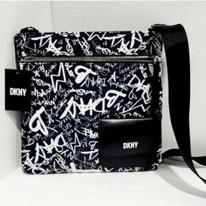 DKNY Donna Karen Livvy Black & White Graffiti Nylon Crossbody Purse Bag …